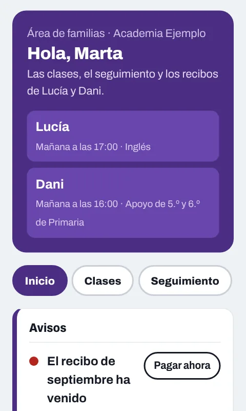 Pantalla de la familia: la próxima clase de cada hijo y un aviso de recibo devuelto con el botón para pagarlo.