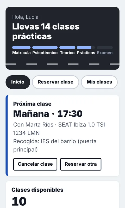 Pantalla del alumno: clases prácticas que lleva, su próxima clase y botones para reservar o cancelar.