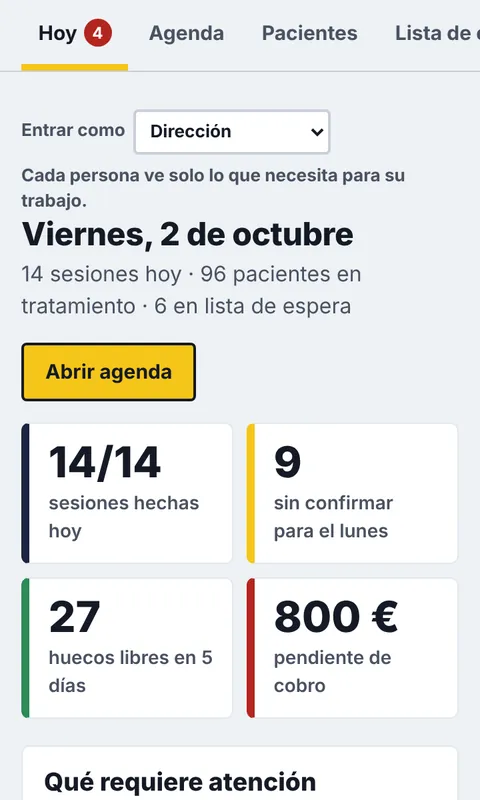 Pantalla de la clínica: sesiones del día, citas sin confirmar, huecos libres y lo pendiente de cobro.