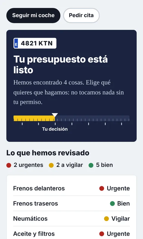 Pantalla del cliente del taller: «Tu presupuesto está listo», con lo que se ha revisado en el coche y qué es urgente.