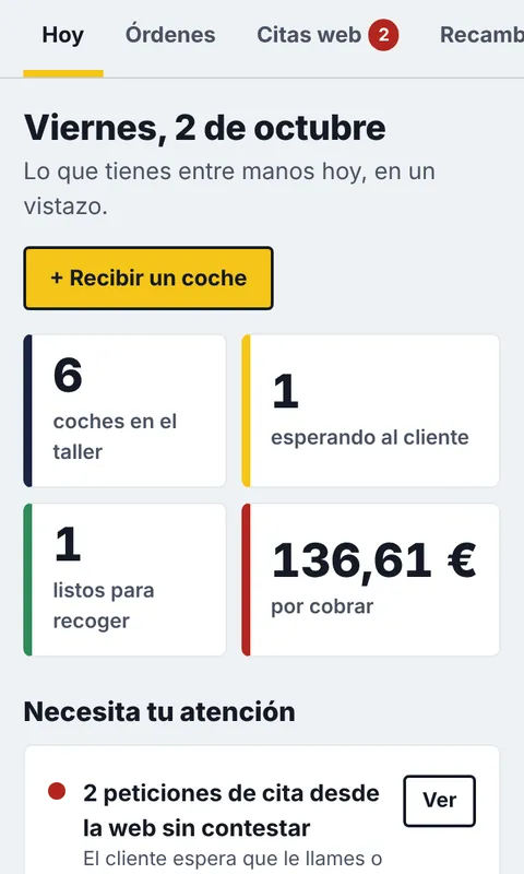 Pantalla del taller: coches en el taller, listos para recoger, importe por cobrar y avisos del día.